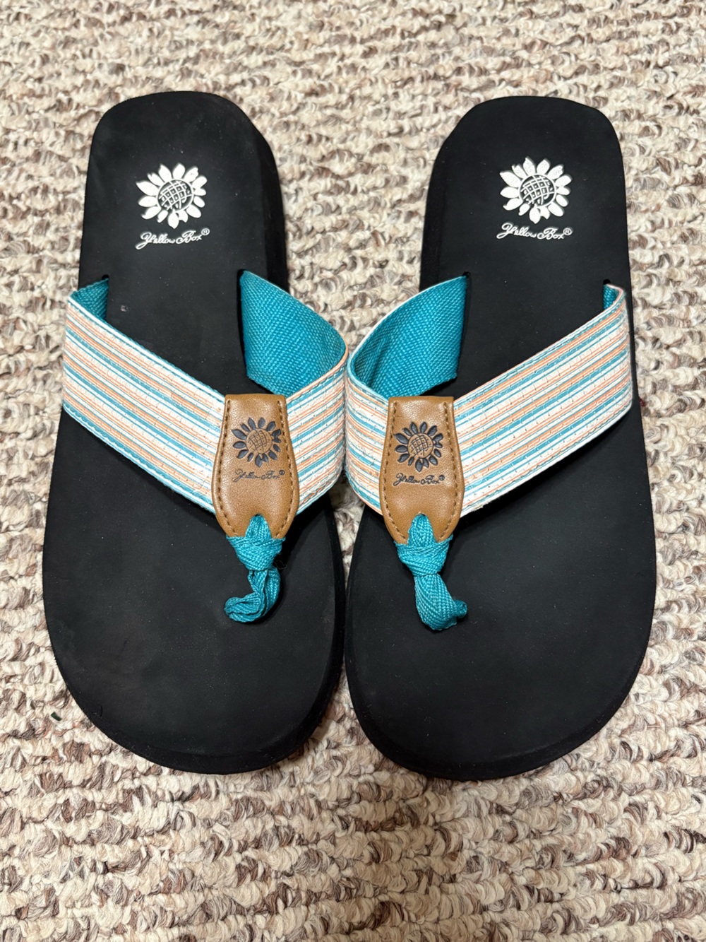 Women’s Yellow Box Teal Striped Flip Flop Sandals - Picture 2 of 3